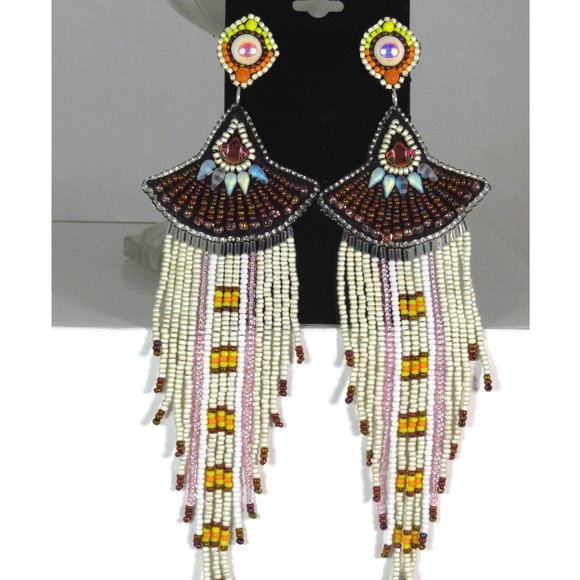 GlassWear Art Couture Jewelry - Long fringe Sterling white earrings handmade